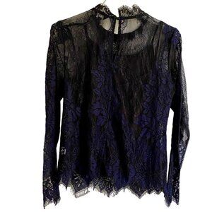 Adiva Blue Lace High Neck Long Sleeve Top with Built in Cami Womens Medium NEW